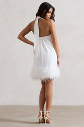 White Halter-Neck Smock Mini Dress With Feather Hem